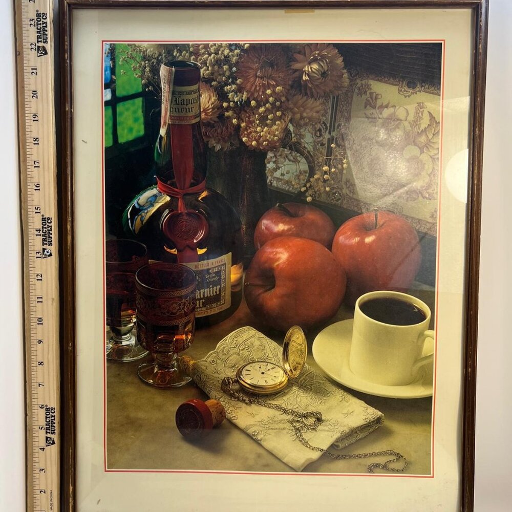 Vintage Still Life Framed Print Liquor Bottle Apples Pocket Watch Elegant Art